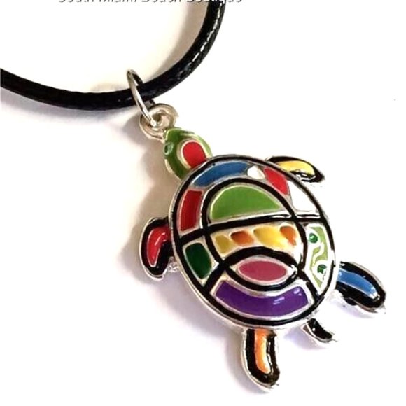 Sea Turtle Necklace Silver Plated Pop Art Multicolor Enamel Nautical Island 18" - Picture 8 of 11